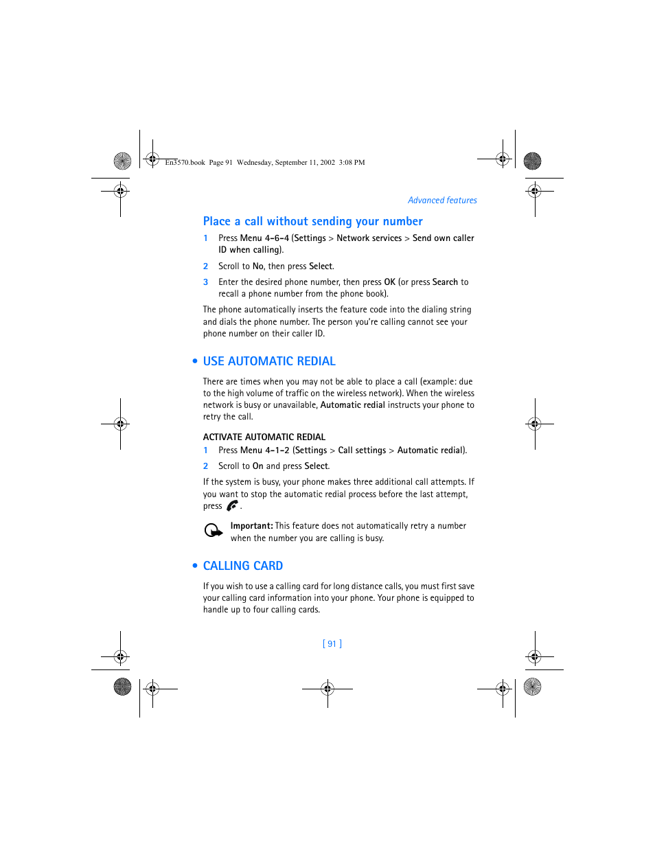 Place a call without sending your number, Use automatic redial, Calling card | Nokia 3570 User Manual | Page 99 / 192