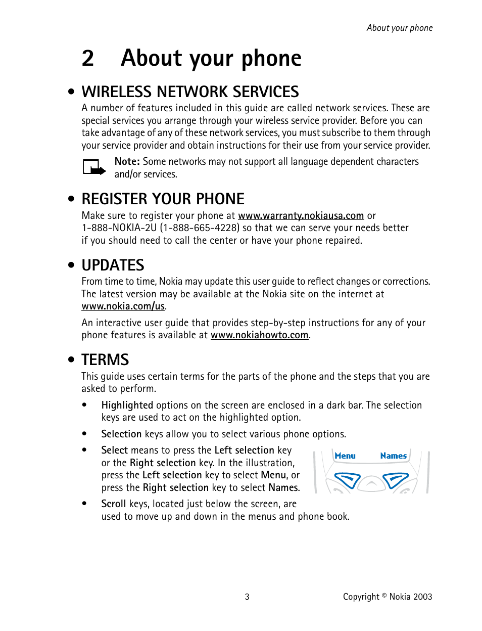 2 about your phone, Wireless network services, Register your phone | Updates, Terms, About your phone, 2about your phone | Nokia 1220 User Manual | Page 14 / 89