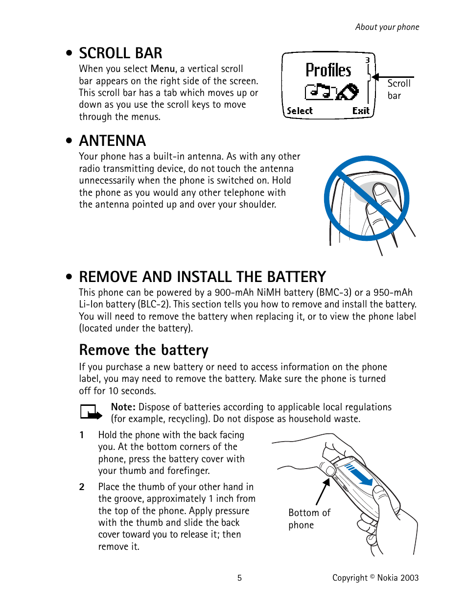 Scroll bar, Antenna, Remove and install the battery | Scroll bar antenna remove and install the battery, Remove the battery | Nokia 1220 User Manual | Page 16 / 89