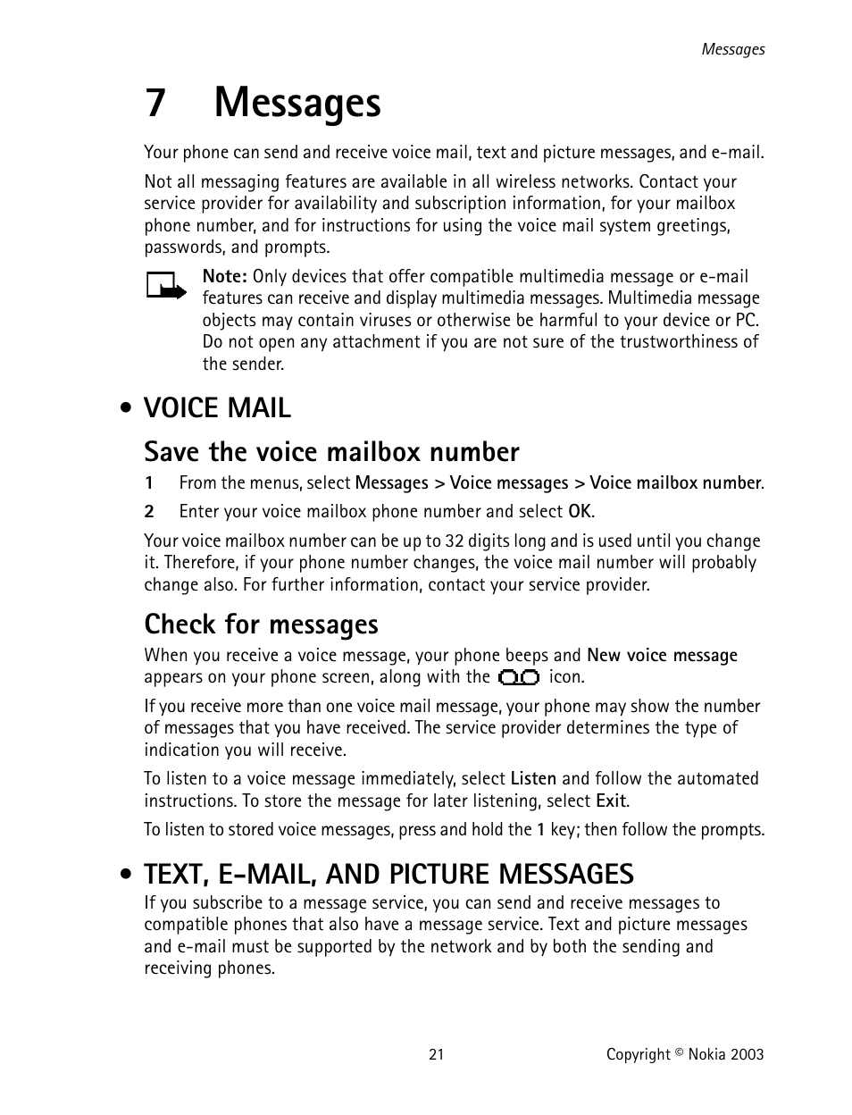 7 messages, Voice mail, Text, e-mail, and picture messages | Messages, Voice mail text, e-mail, and picture messages, 7messages, Voice mail save the voice mailbox number, Check for messages | Nokia 1220 User Manual | Page 32 / 89