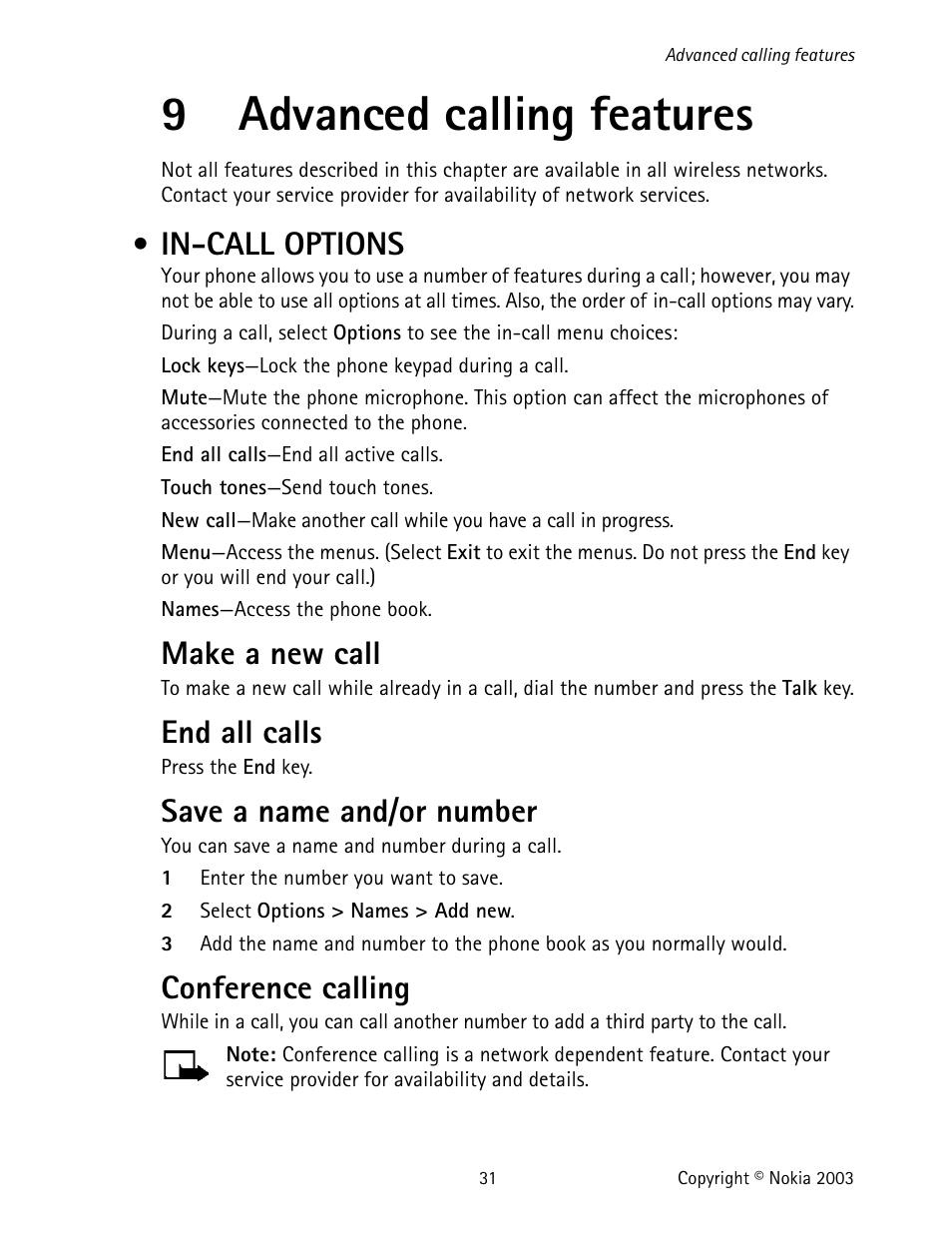 9 advanced calling features, In-call options, Advanced calling features | 9advanced calling features, Make a new call, End all calls, Save a name and/or number, Conference calling | Nokia 1220 User Manual | Page 42 / 89