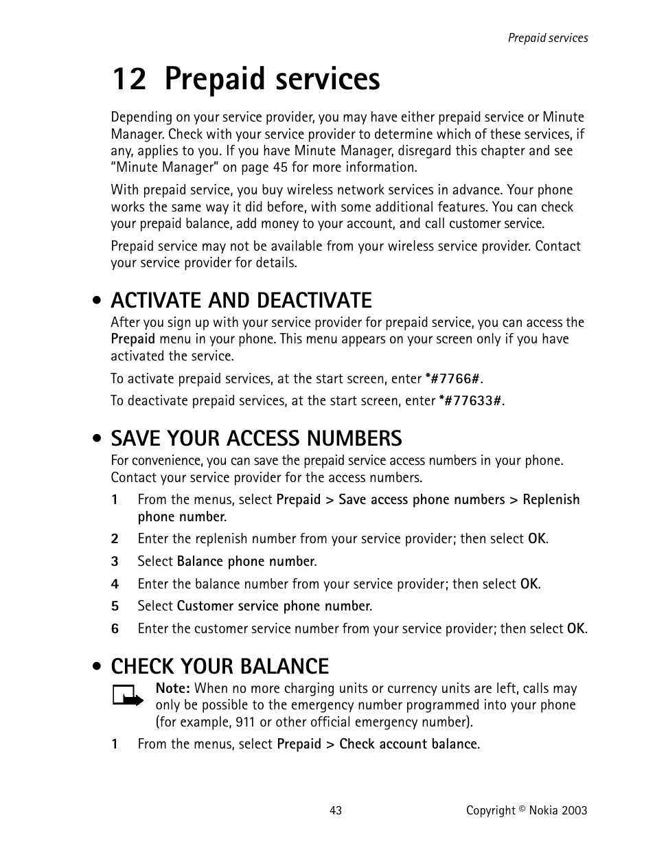 12 prepaid services, Activate and deactivate, Save your access numbers | Check your balance | Nokia 1220 User Manual | Page 54 / 89