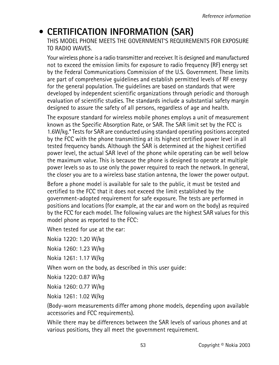 Certification information (sar) | Nokia 1220 User Manual | Page 64 / 89