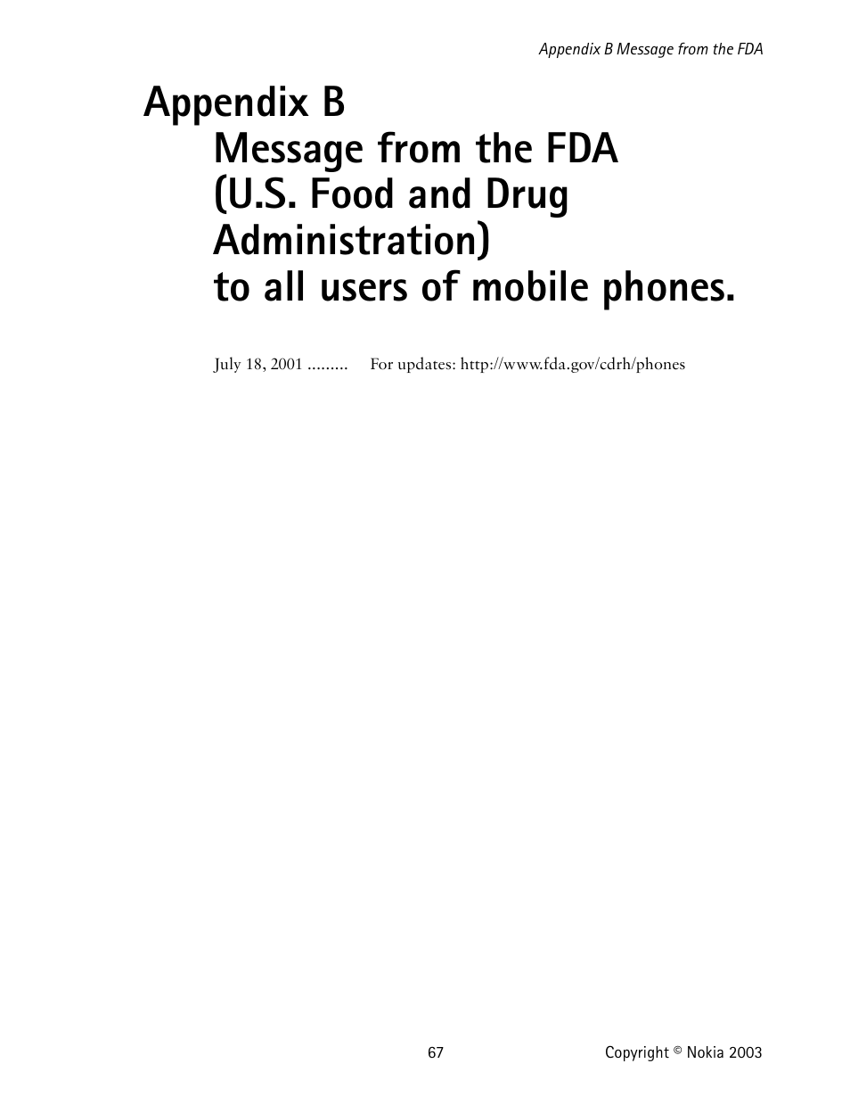 Appendix b message from the fda | Nokia 1220 User Manual | Page 78 / 89