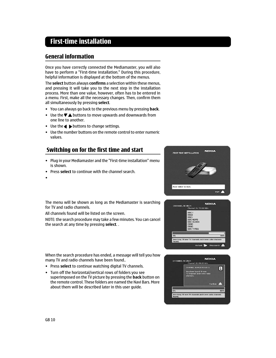 First-time installation, General information, Switching on for the first time and start | Nokia 110T User Manual | Page 10 / 24