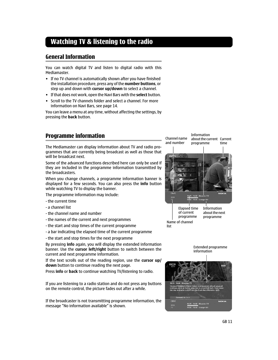 Watching tv & listening to the radio, General information, Programme information | Nokia 110T User Manual | Page 11 / 24