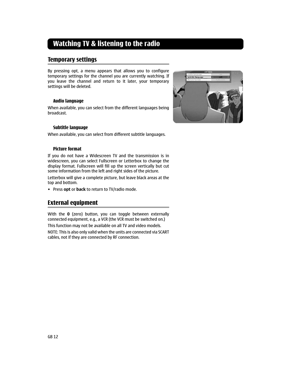 Temporary settings, External equipment, Watching tv & listening to the radio | Nokia 110T User Manual | Page 12 / 24
