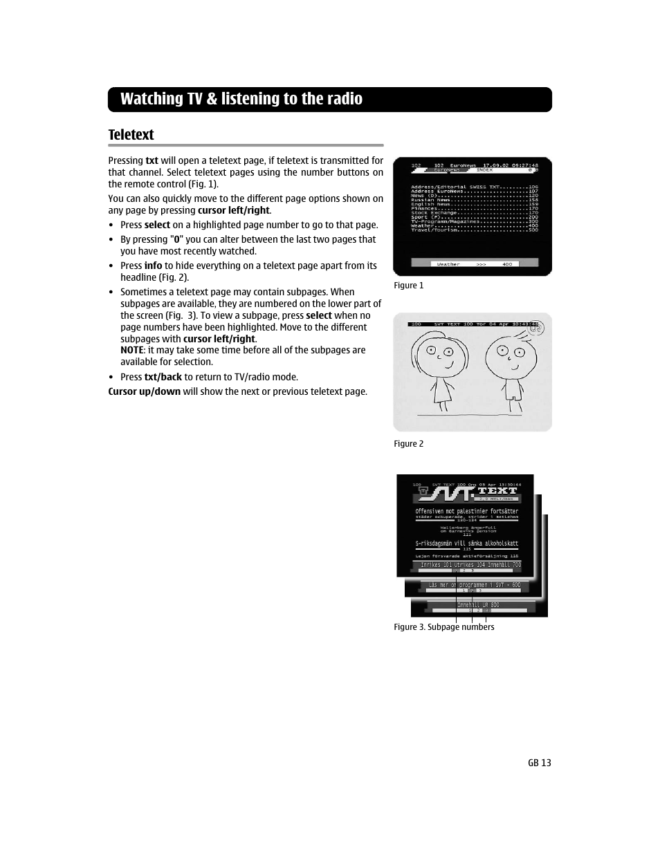 Teletext, Watching tv & listening to the radio | Nokia 110T User Manual | Page 13 / 24