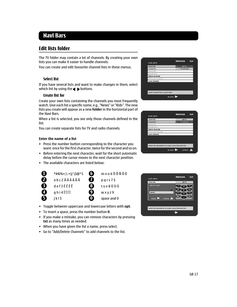 Edit lists folder, Navi bars | Nokia 110T User Manual | Page 17 / 24