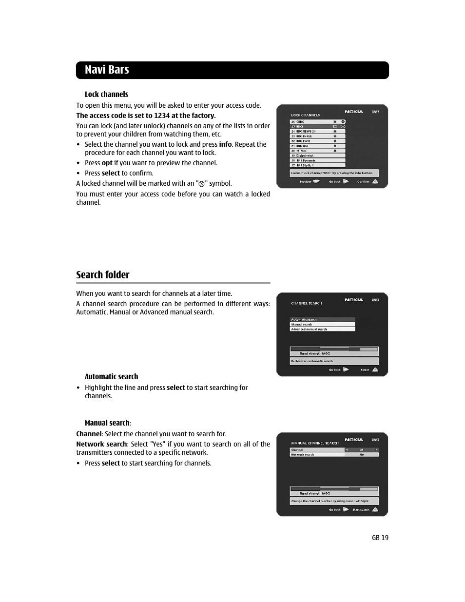 Search folder, Navi bars | Nokia 110T User Manual | Page 19 / 24