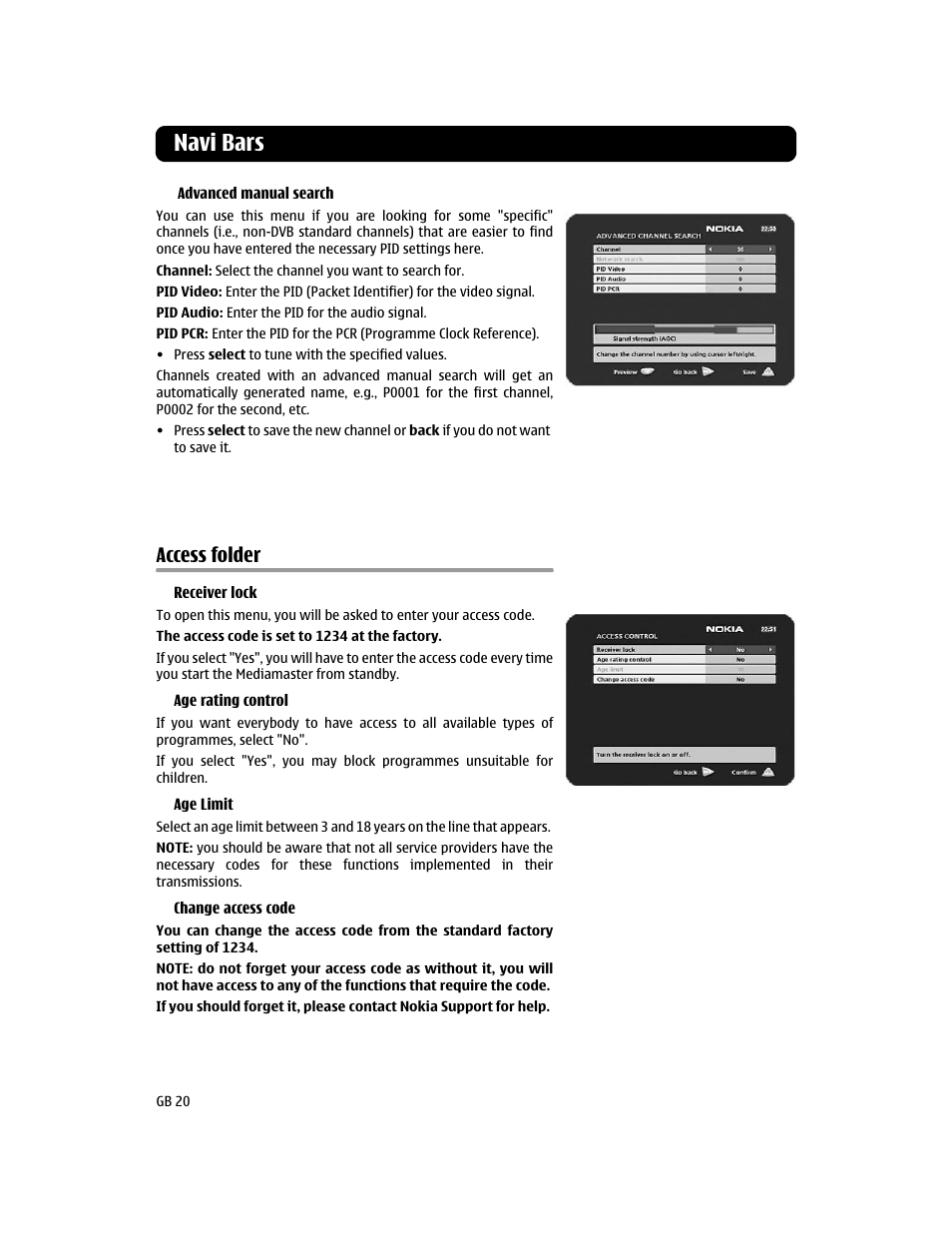 Access folder, Navi bars | Nokia 110T User Manual | Page 20 / 24