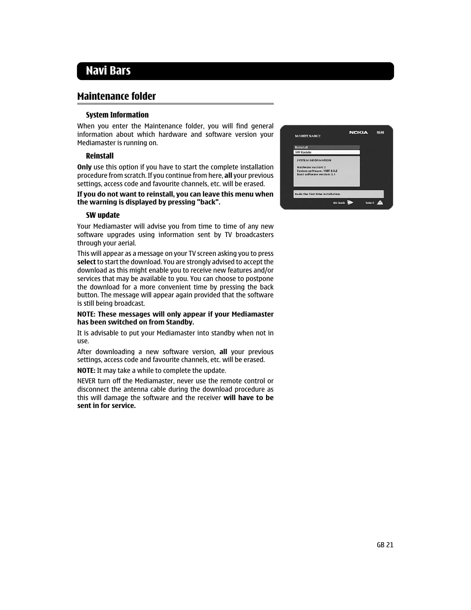 Maintenance folder, Navi bars | Nokia 110T User Manual | Page 21 / 24