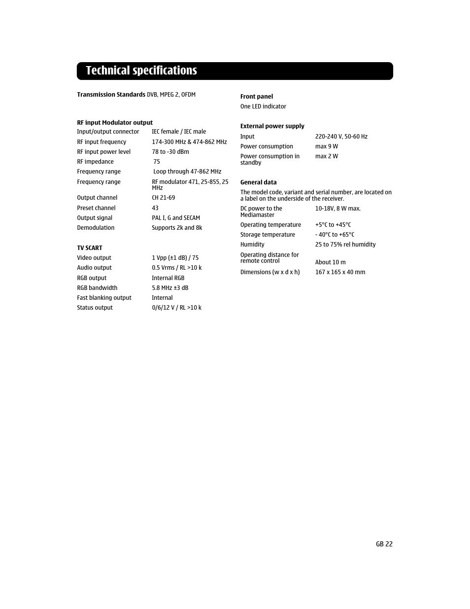 Technical specifications | Nokia 110T User Manual | Page 22 / 24