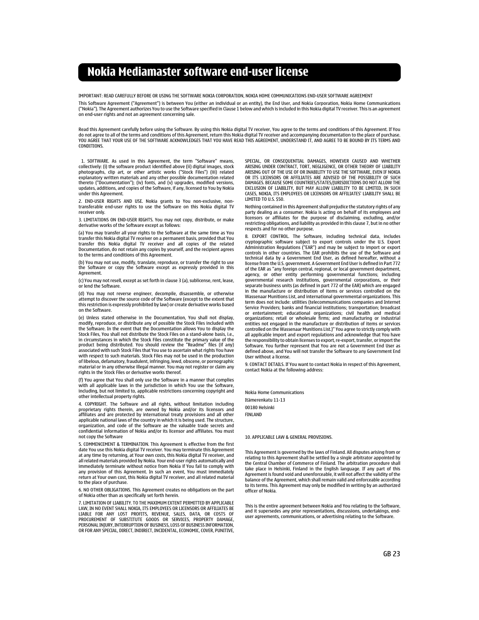 Nokia mediamaster software end-user license, Gb 23 | Nokia 110T User Manual | Page 23 / 24