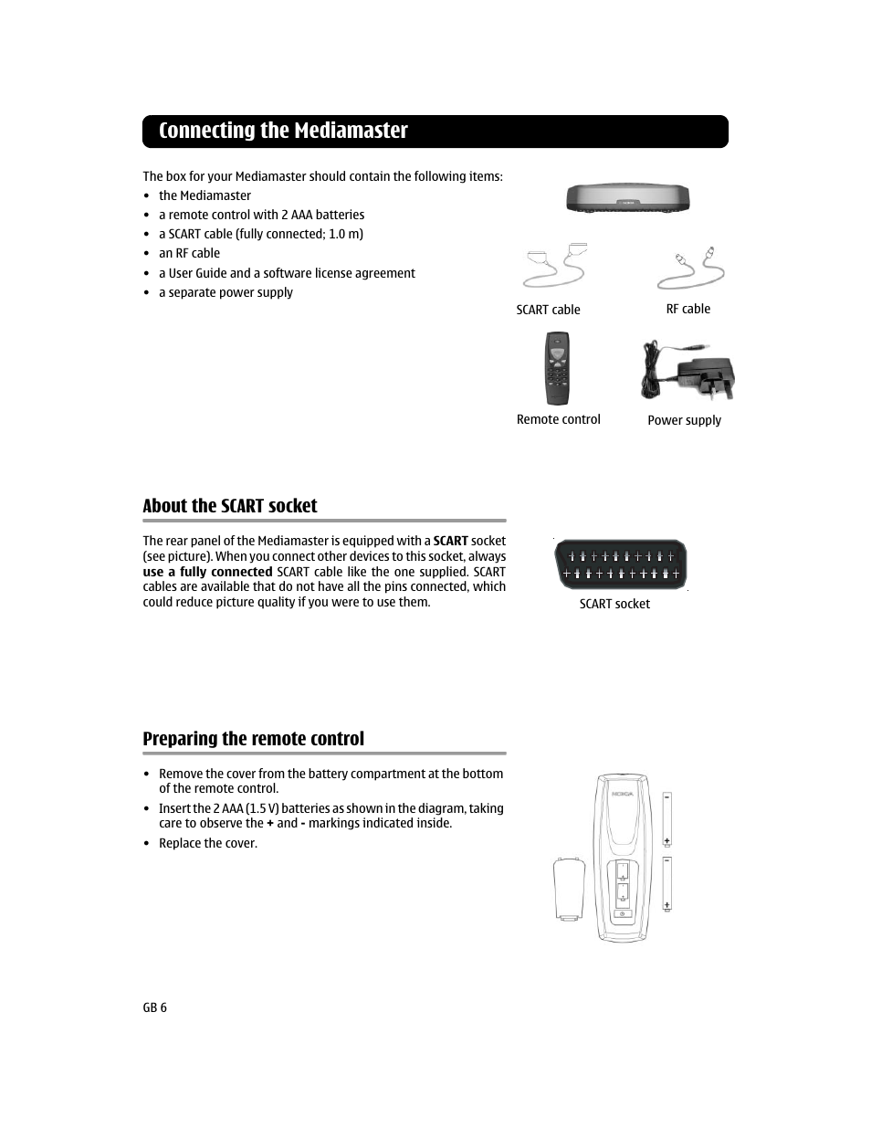 Connecting the mediamaster, About the scart socket, Preparing the remote control | Nokia 110T User Manual | Page 6 / 24