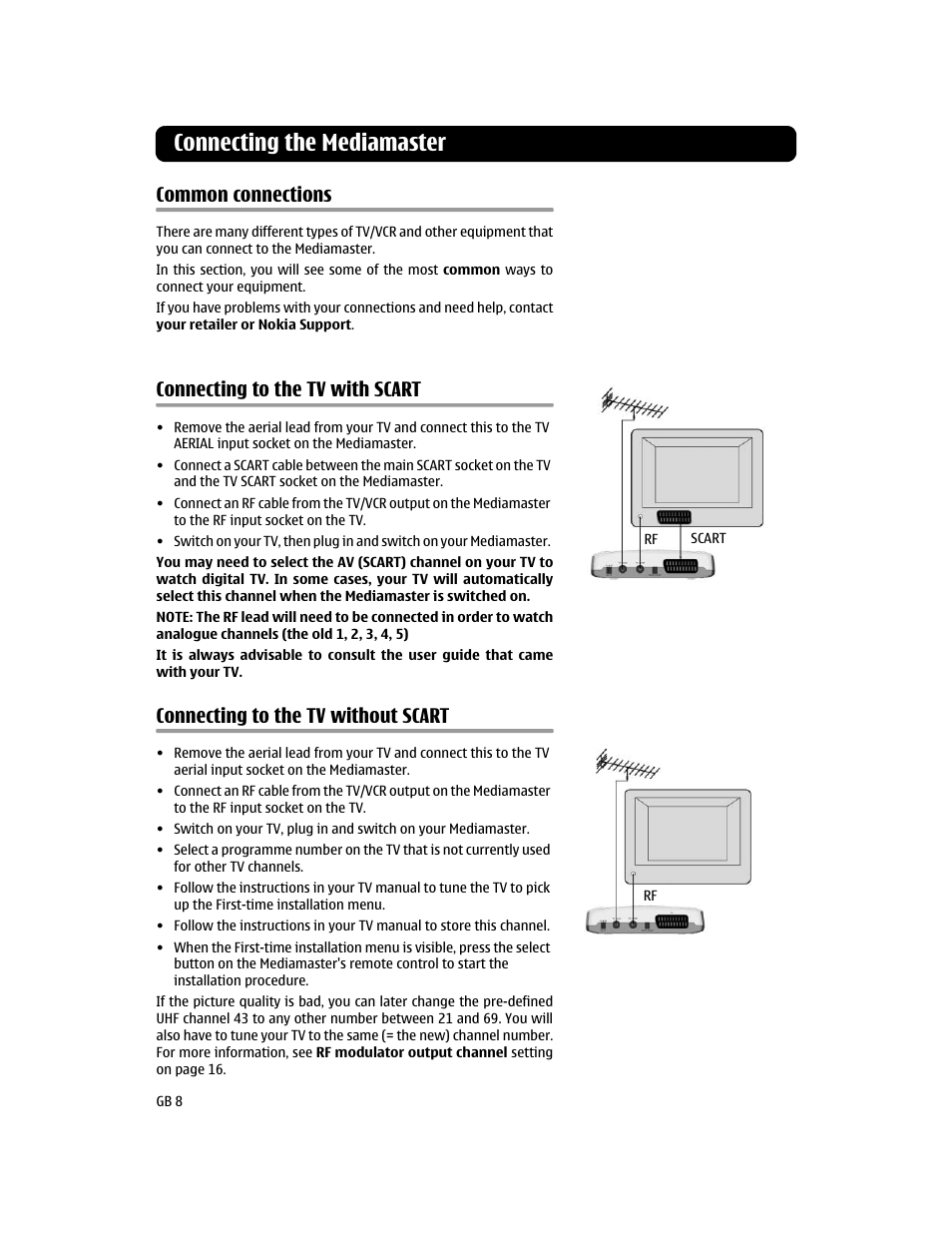 Common connections, Connecting to the tv with scart, Connecting to the tv without scart | Connecting the mediamaster | Nokia 110T User Manual | Page 8 / 24