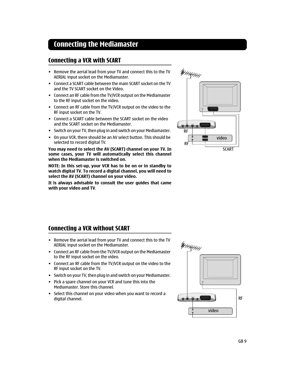 Connecting a vcr with scart, Connecting a vcr without scart, Connecting the mediamaster | Nokia 110T User Manual | Page 9 / 24