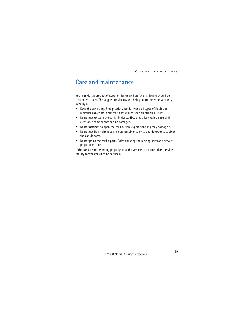 Care and maintenance | Nokia CK-300 User Manual | Page 19 / 20