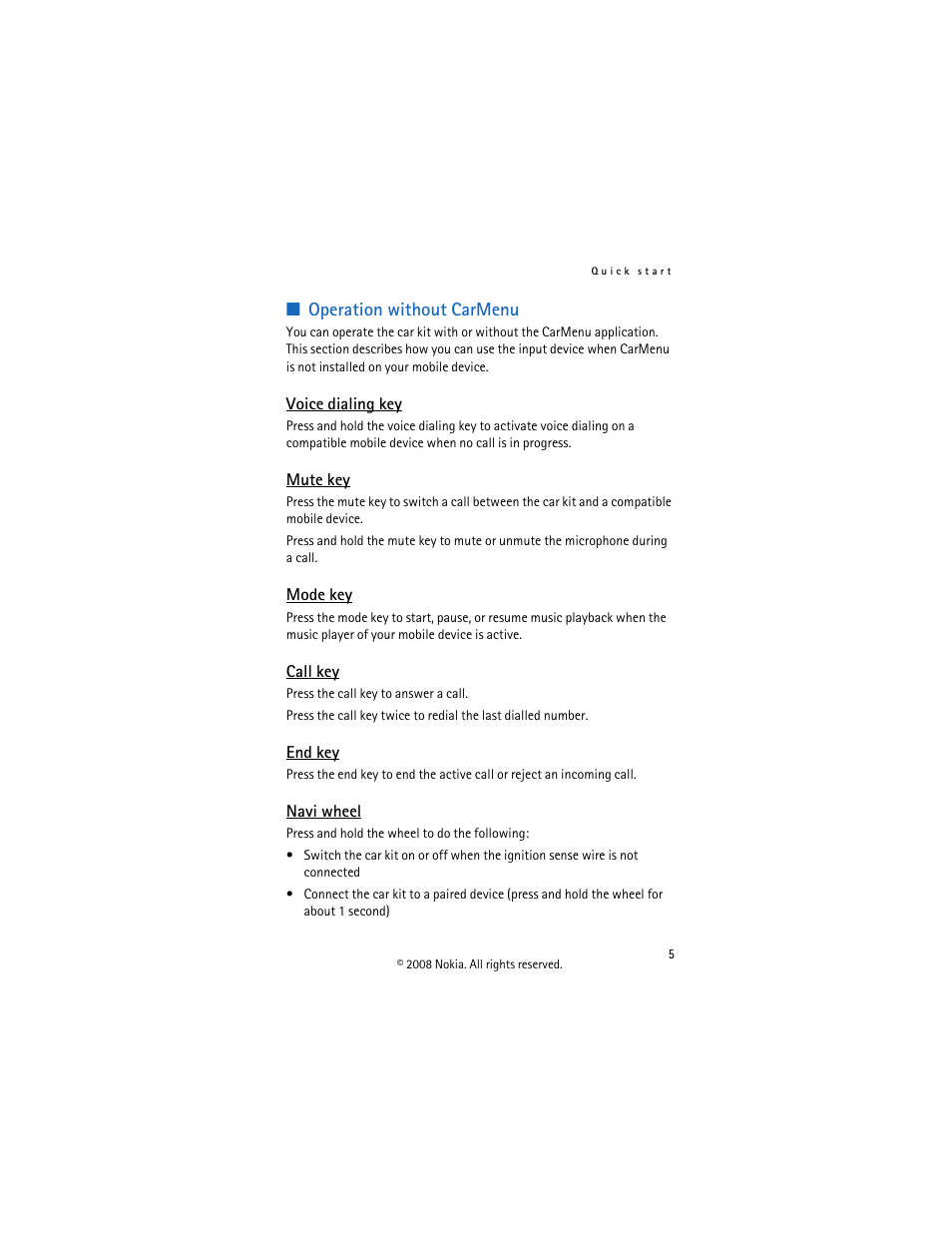 Operation without carmenu, Voice dialing key, Mute key | Mode key, Call key, End key, Navi wheel | Nokia CK-300 User Manual | Page 5 / 20