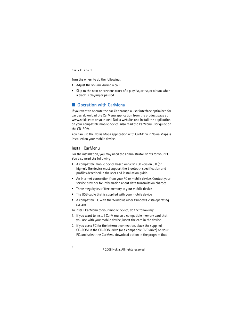 Operation with carmenu, Install carmenu | Nokia CK-300 User Manual | Page 6 / 20