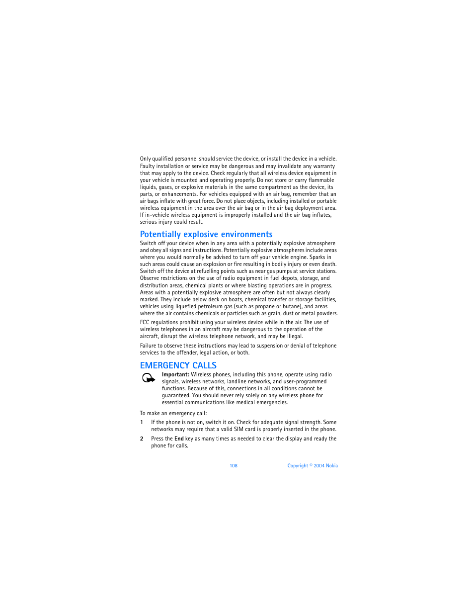 Potentially explosive environments, Emergency calls | Nokia 6010 User Manual | Page 119 / 145