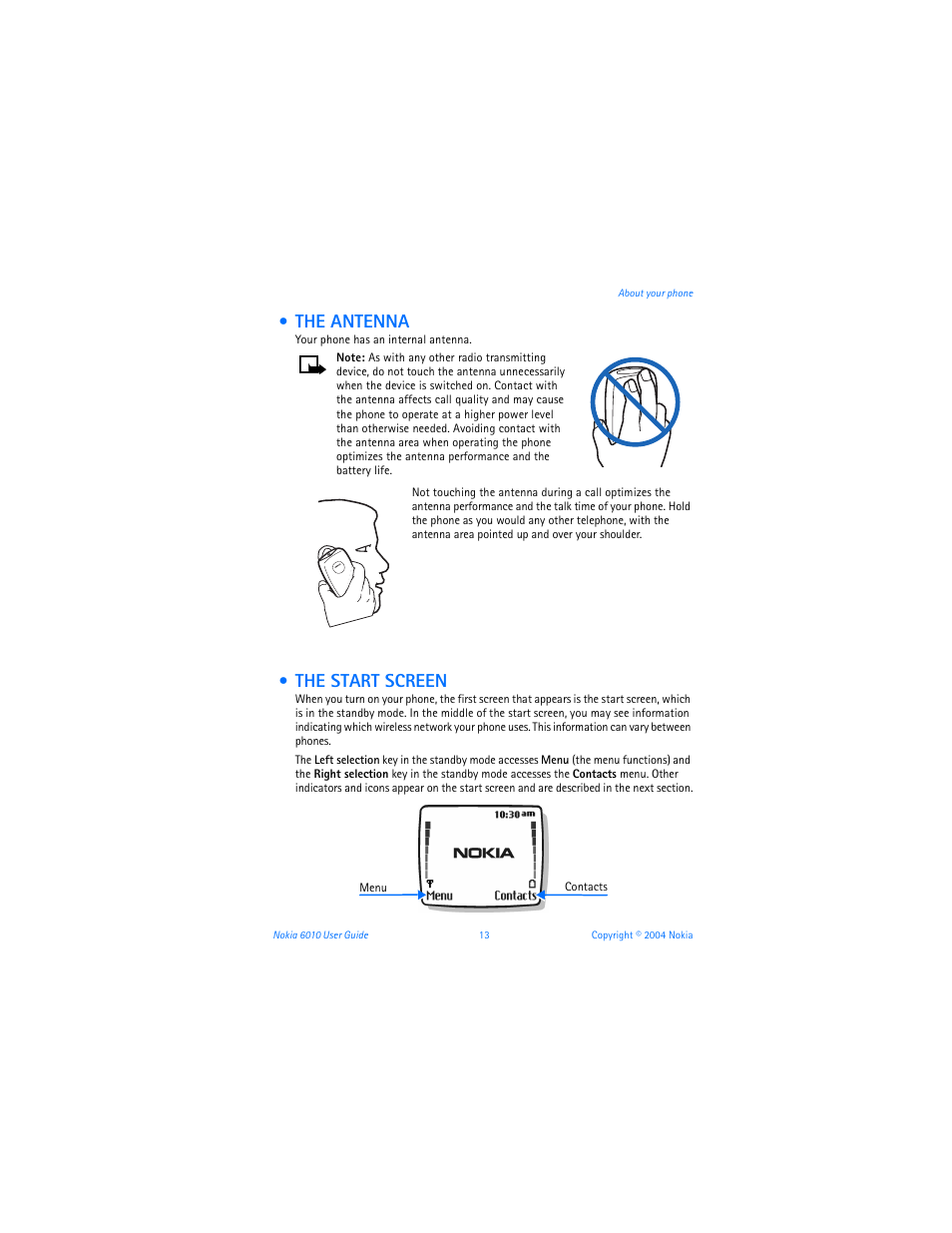 The antenna, The start screen, The antenna the start screen | Nokia 6010 User Manual | Page 24 / 145