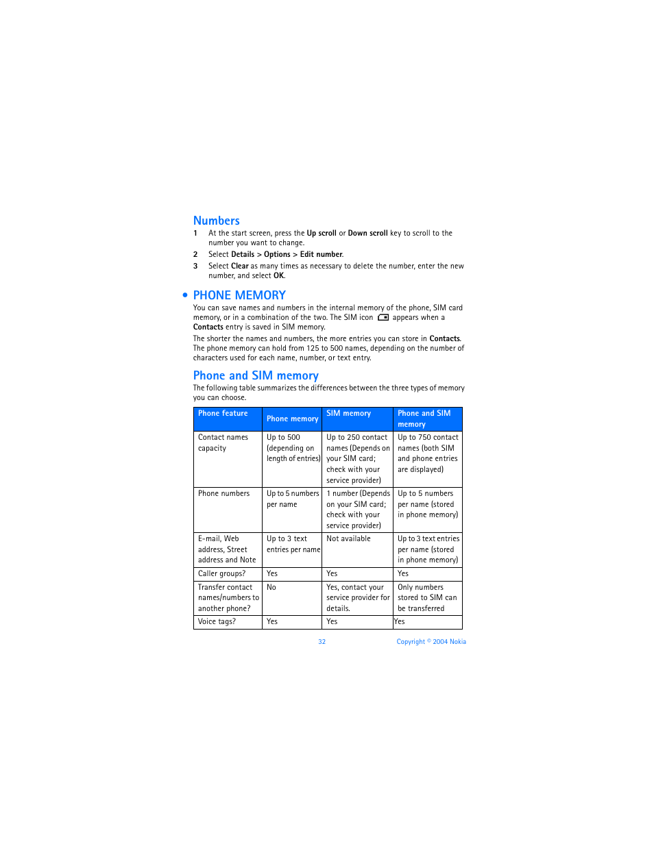 Phone memory, Numbers | Nokia 6010 User Manual | Page 43 / 145