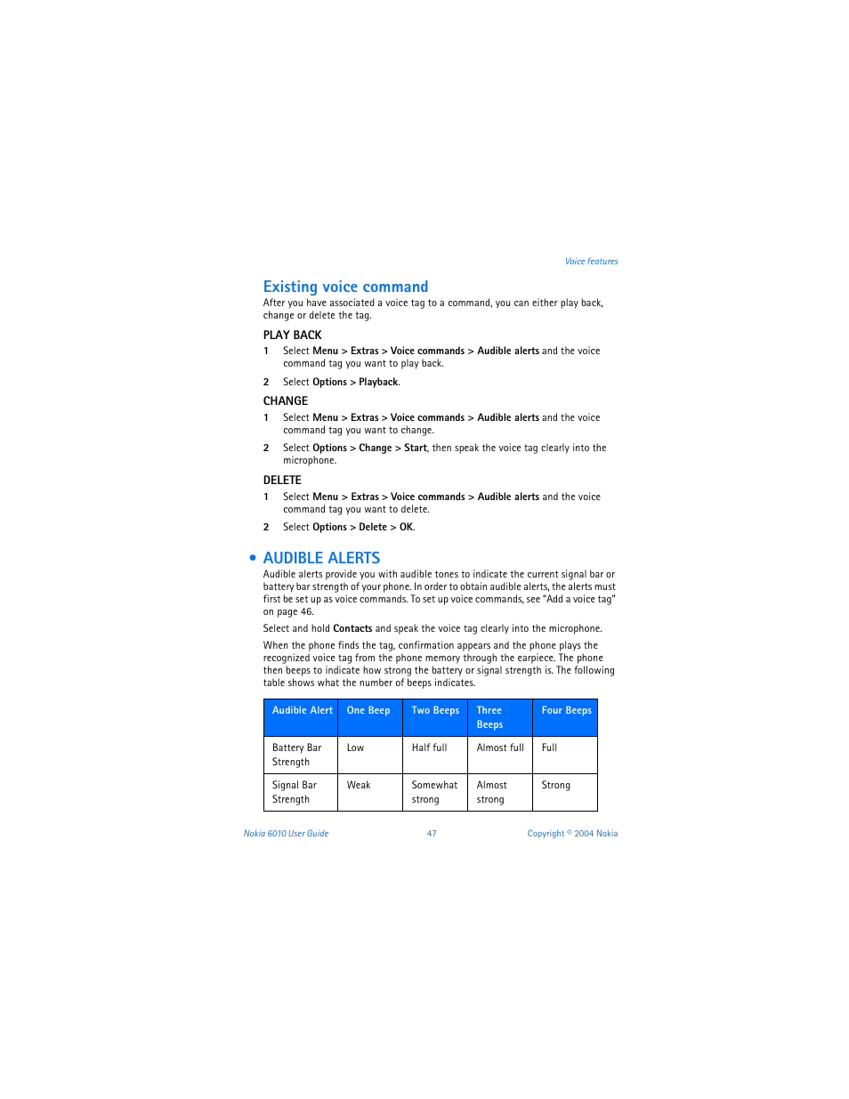 Audible alerts, Existing voice command | Nokia 6010 User Manual | Page 58 / 145