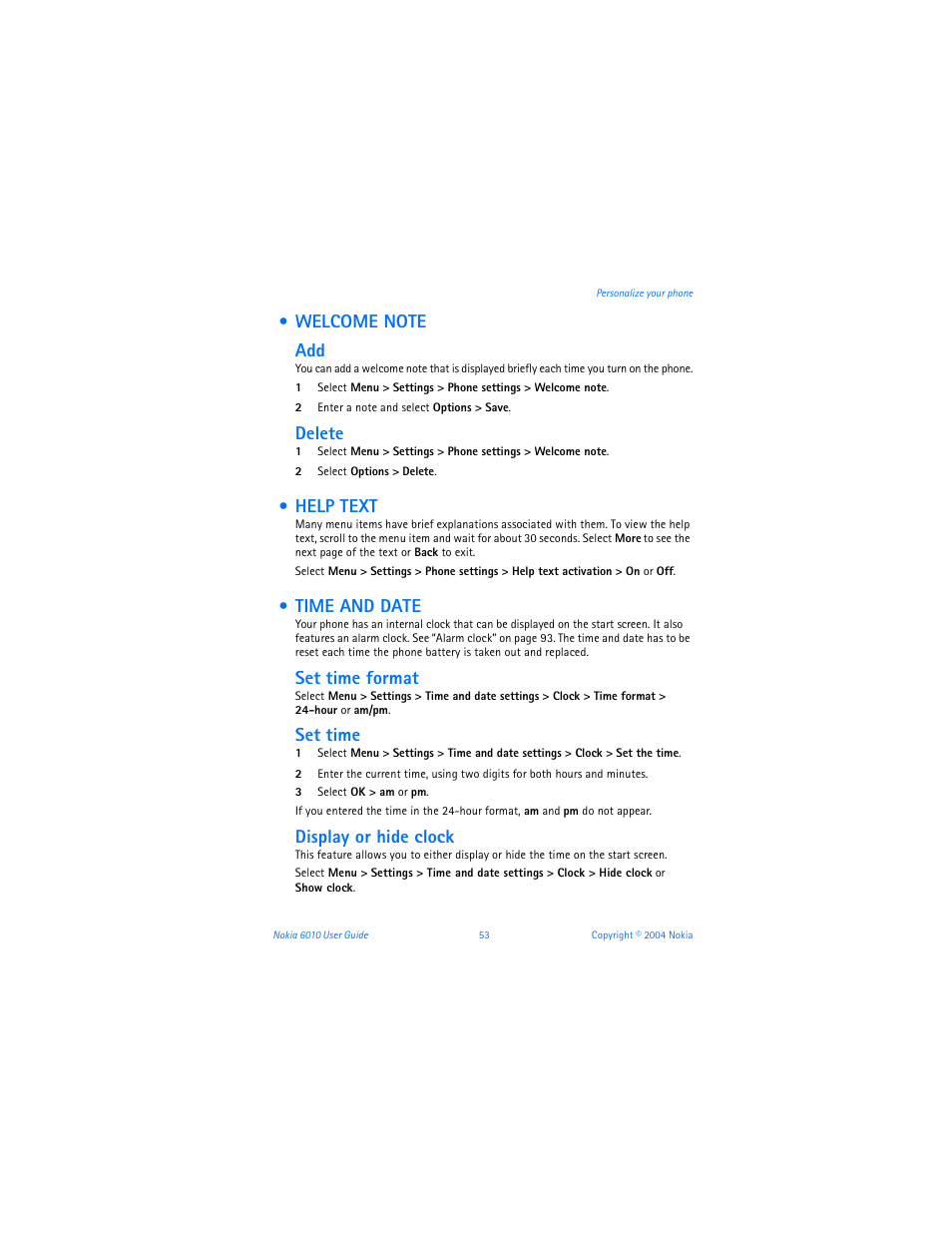 Welcome note, Help text, Time and date | Help text time and date, Delete, Set time format, Set time, Display or hide clock | Nokia 6010 User Manual | Page 64 / 145