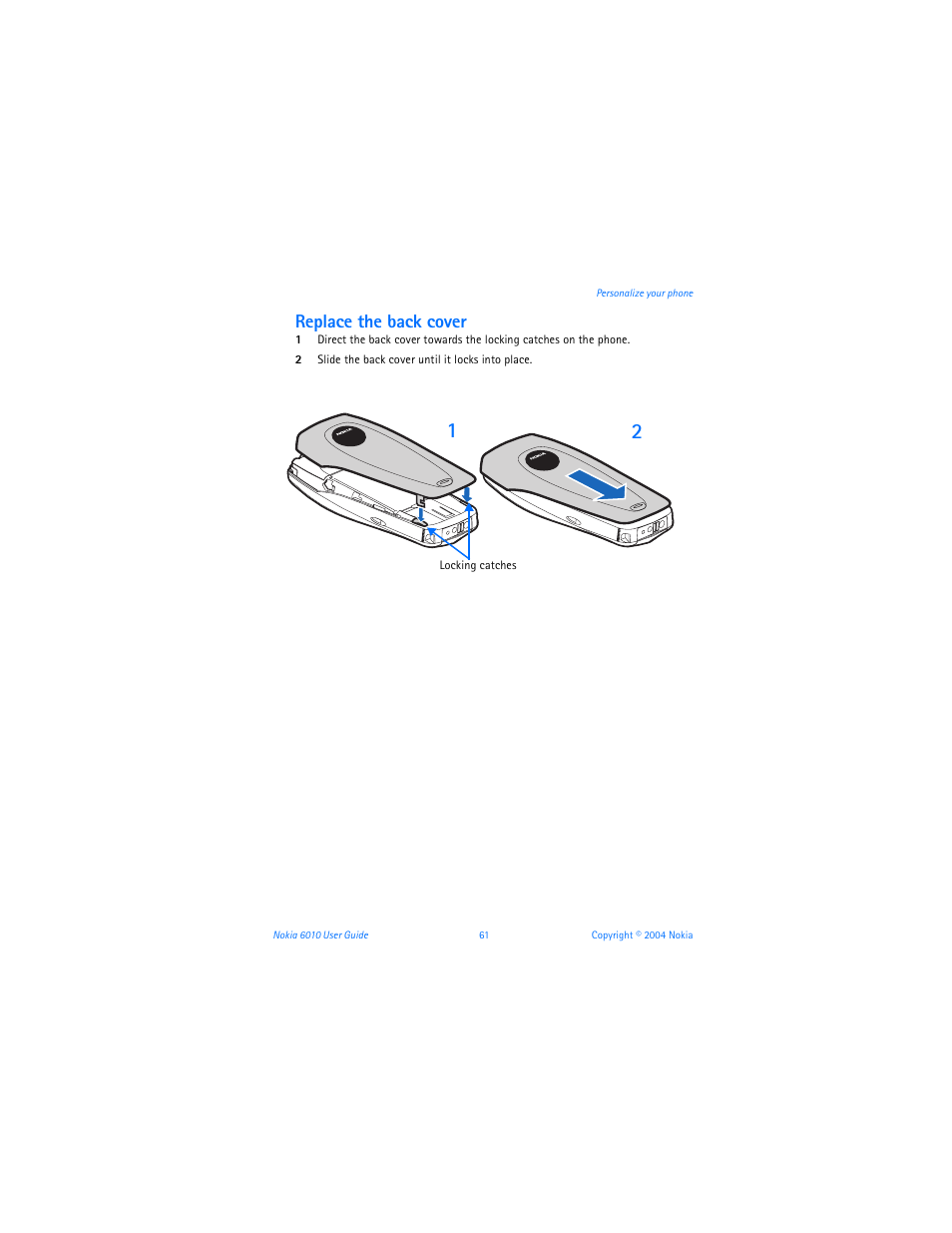 Replace the back cover | Nokia 6010 User Manual | Page 72 / 145