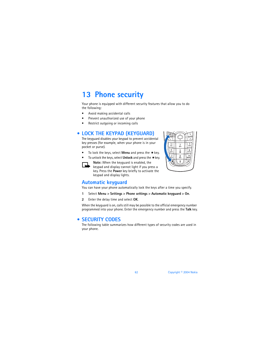 13 phone security, Lock the keypad (keyguard), Security codes | Phone security, Lock the keypad (keyguard) security codes, Automatic keyguard | Nokia 6010 User Manual | Page 73 / 145