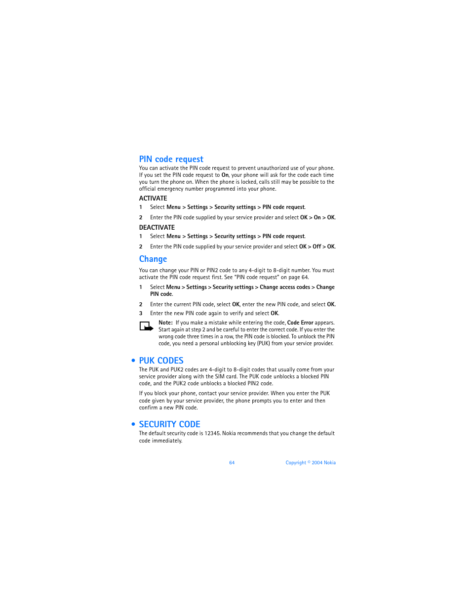 Puk codes, Security code, Puk codes security code | Pin code request, Change | Nokia 6010 User Manual | Page 75 / 145