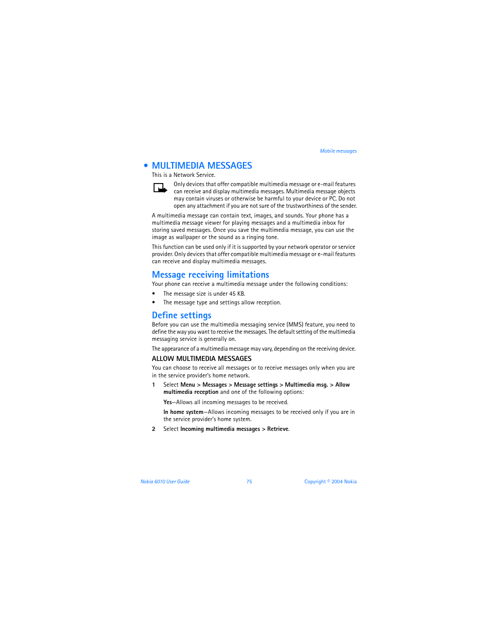 Multimedia messages, Message receiving limitations, Define settings | Nokia 6010 User Manual | Page 86 / 145