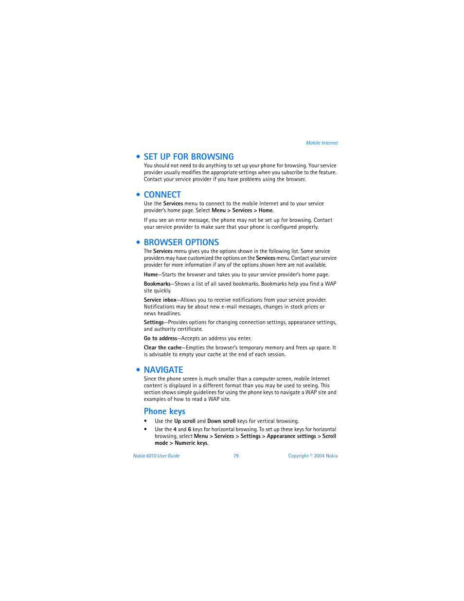 Set up for browsing, Connect, Browser options | Navigate, Phone keys | Nokia 6010 User Manual | Page 90 / 145