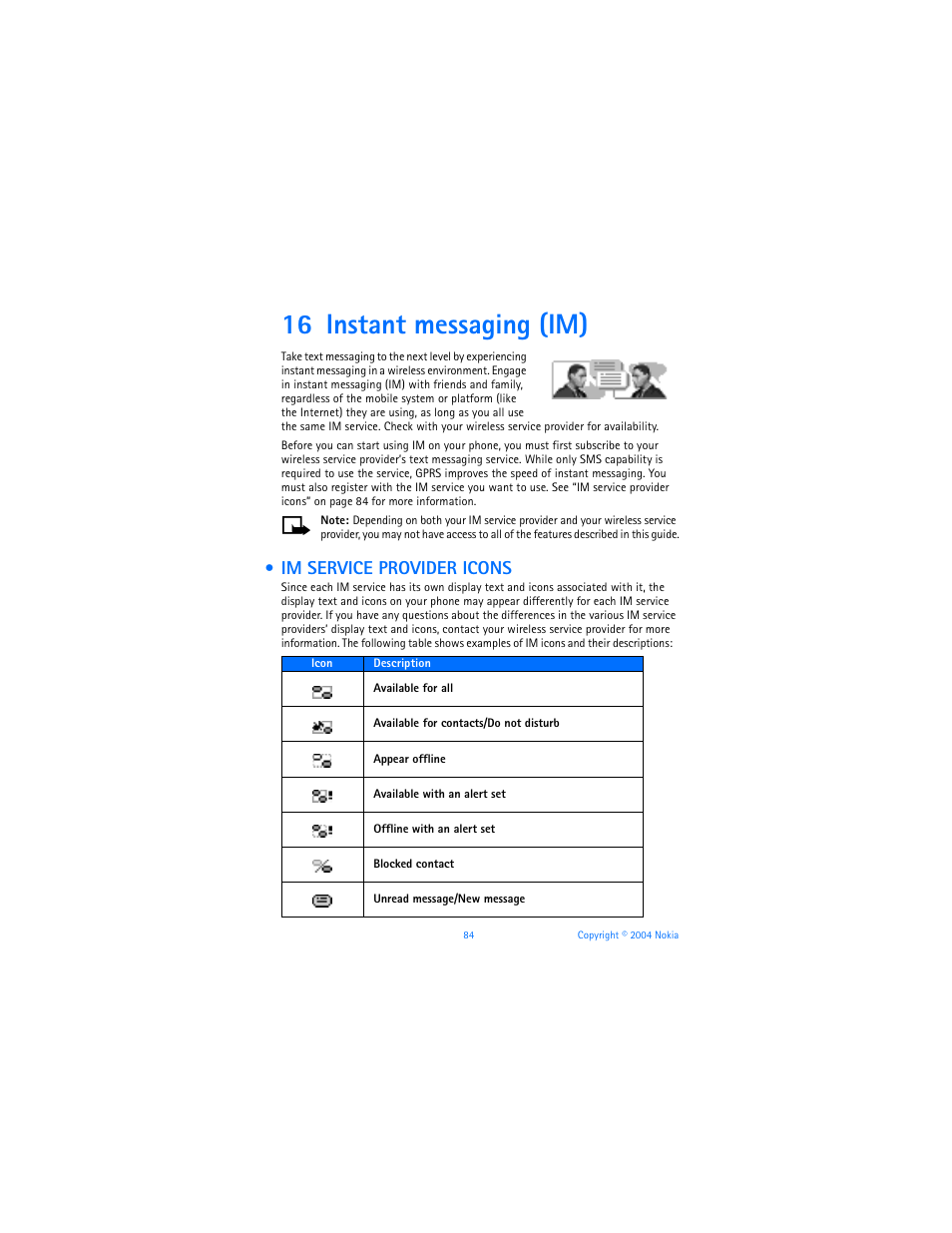 16 instant messaging (im), Im service provider icons, Instant messaging (im) | Nokia 6010 User Manual | Page 95 / 145