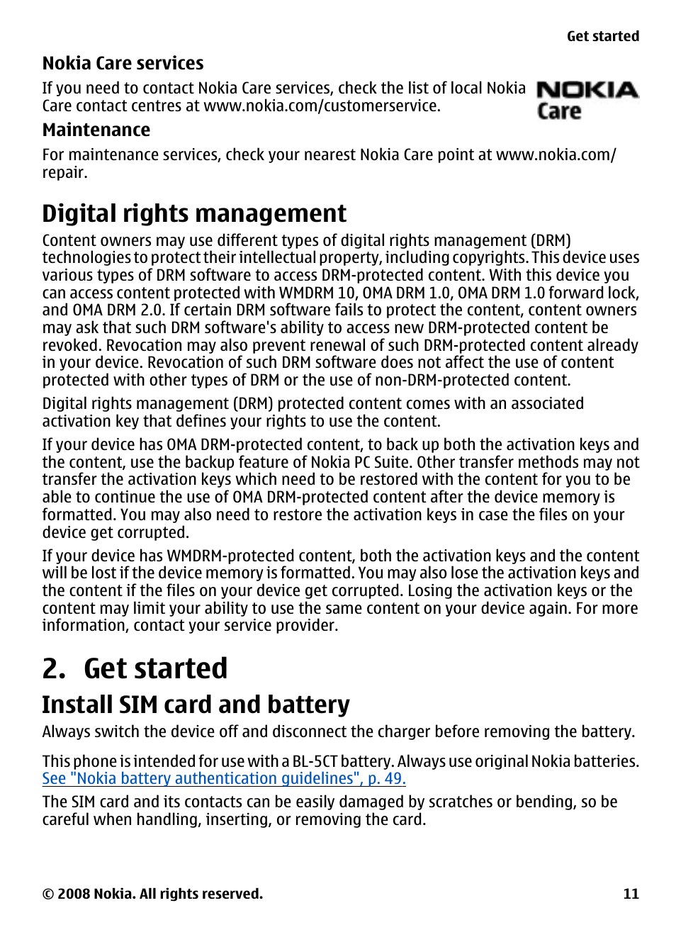 Digital rights management, Get started, Install sim card and battery | Nokia XPRESSMUSIC 5220 User Manual | Page 11 / 56