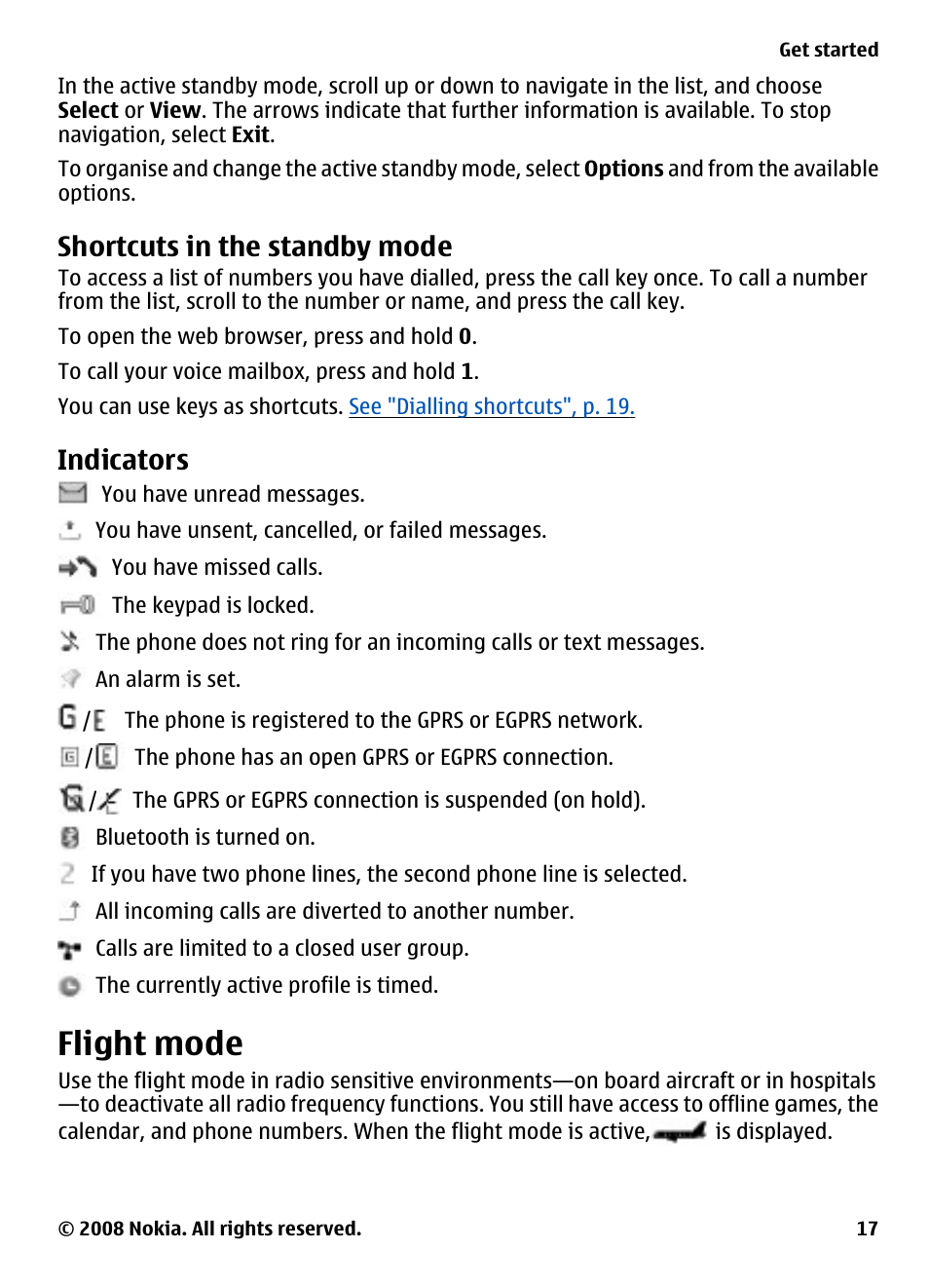 Shortcuts in the standby mode, Indicators, Flight mode | Nokia XPRESSMUSIC 5220 User Manual | Page 17 / 56