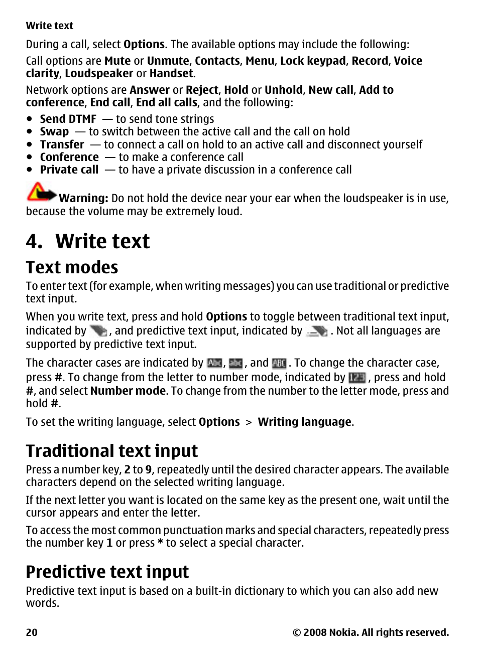 Write text, Text modes, Traditional text input | Predictive text input | Nokia XPRESSMUSIC 5220 User Manual | Page 20 / 56