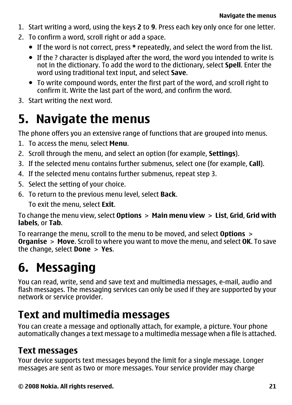 Navigate the menus, Messaging, Text and multimedia messages | Text messages, Navigate the menus 6. messaging | Nokia XPRESSMUSIC 5220 User Manual | Page 21 / 56