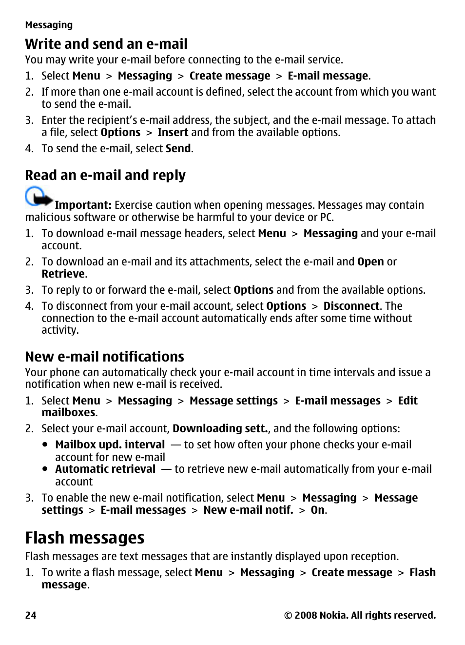 Write and send an e-mail, Read an e-mail and reply, New e-mail notifications | Flash messages | Nokia XPRESSMUSIC 5220 User Manual | Page 24 / 56