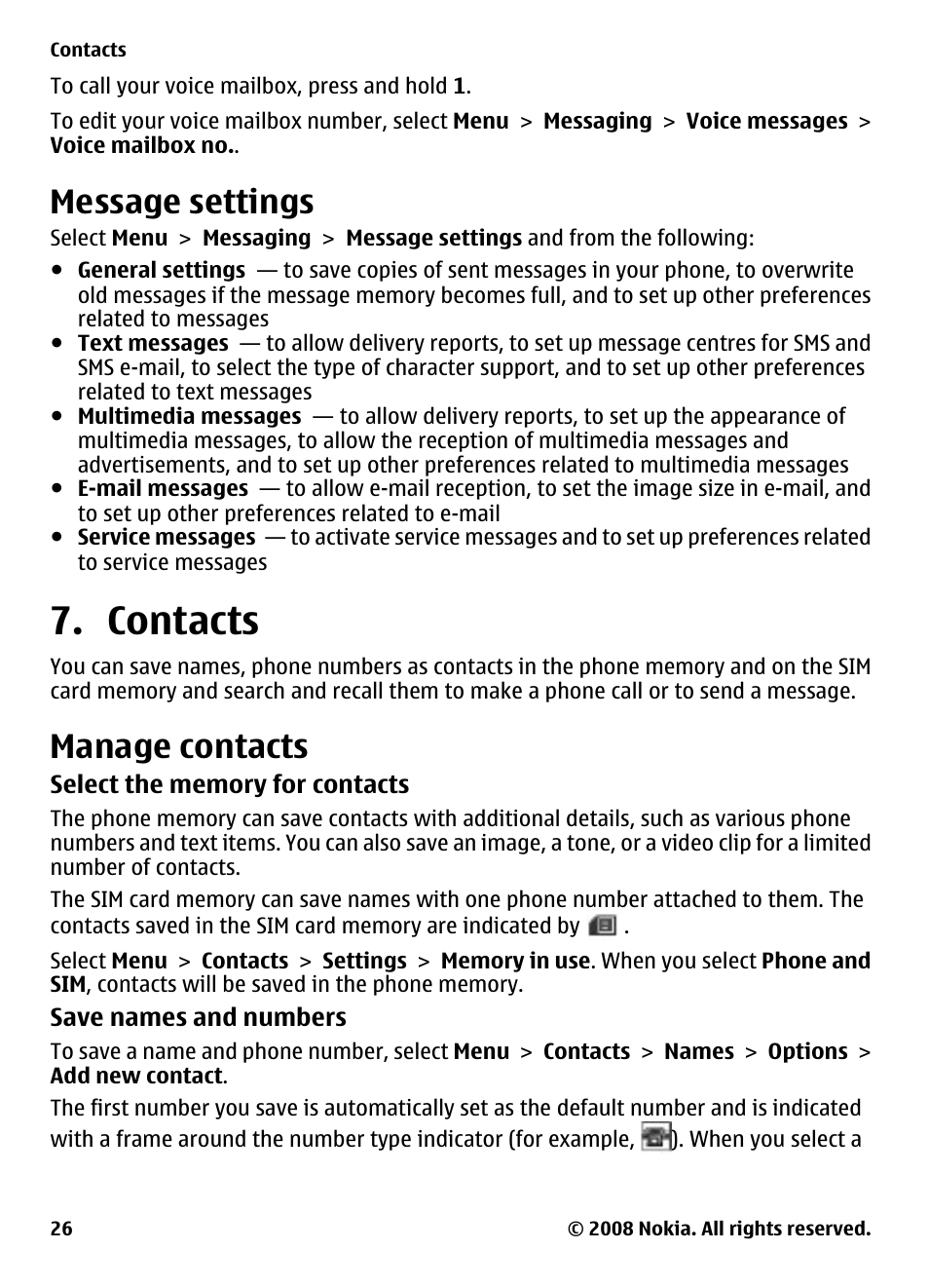 Message settings, Contacts, Manage contacts | See "manage, Contacts", p. 26 | Nokia XPRESSMUSIC 5220 User Manual | Page 26 / 56