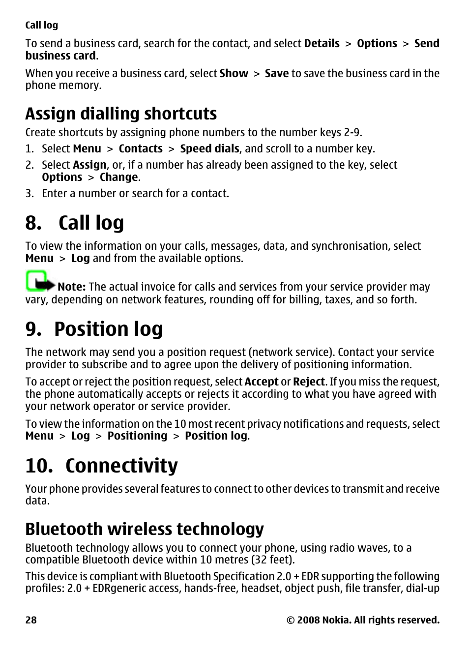 Assign dialling shortcuts, Call log, Position log | Connectivity, Bluetooth wireless technology, Call log 9. position log 10. connectivity, See "assign dialling, Shortcuts", p. 28 | Nokia XPRESSMUSIC 5220 User Manual | Page 28 / 56