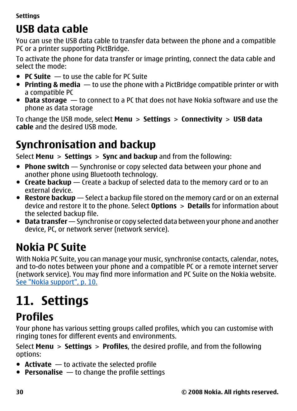 Usb data cable, Synchronisation and backup, Nokia pc suite | Settings, Profiles | Nokia XPRESSMUSIC 5220 User Manual | Page 30 / 56