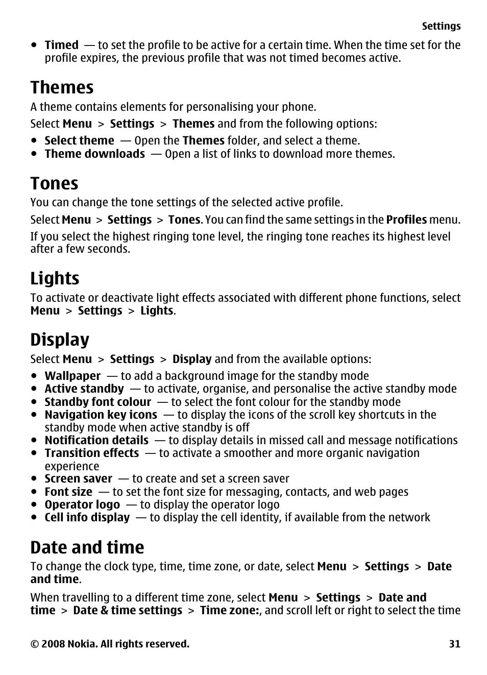 Themes, Tones, Lights | Display, Date and time, See "date and time", p. 31 | Nokia XPRESSMUSIC 5220 User Manual | Page 31 / 56