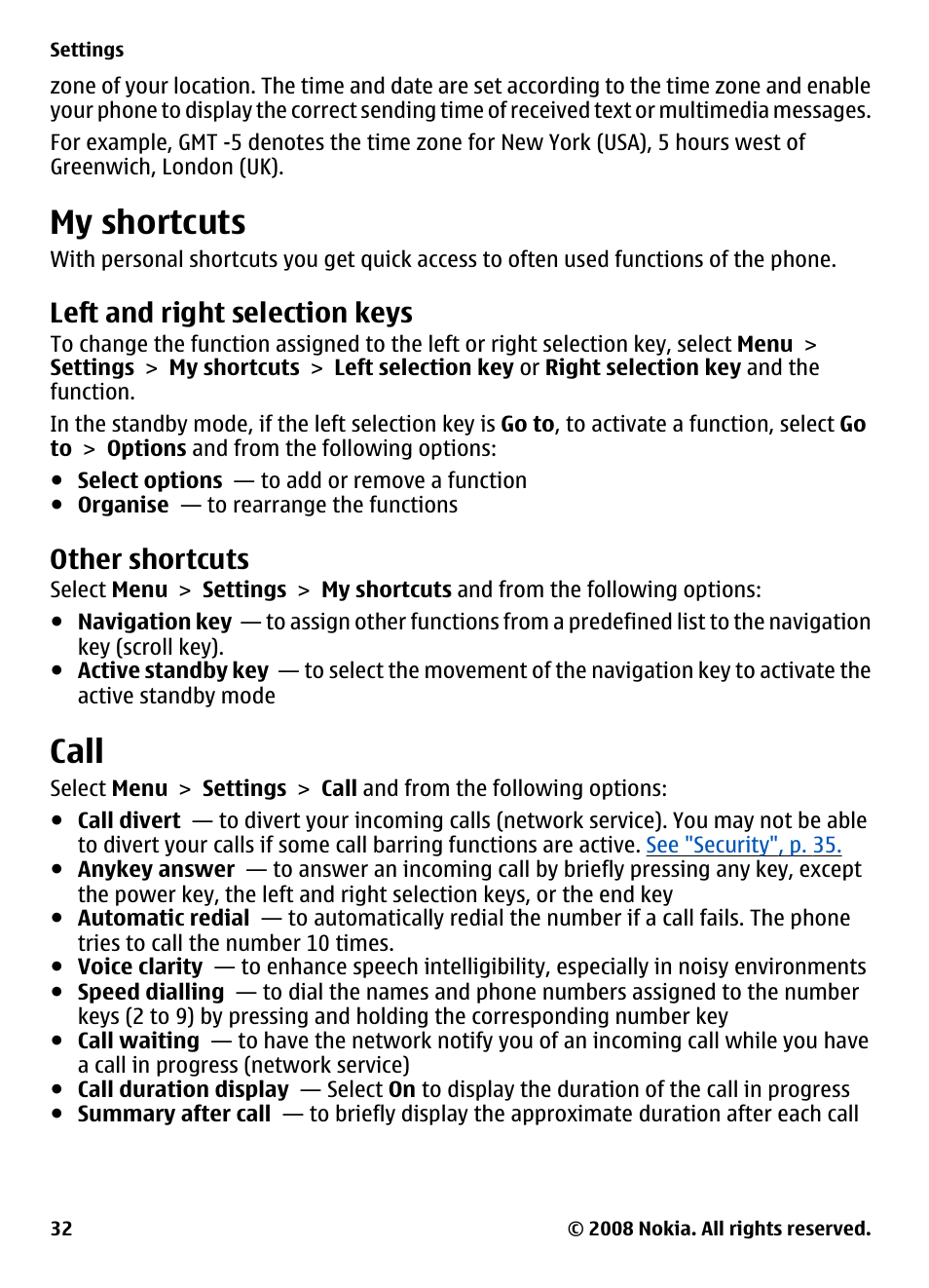 My shortcuts, Left and right selection keys, Other shortcuts | Call, See "left and right, Selection keys", p. 32 | Nokia XPRESSMUSIC 5220 User Manual | Page 32 / 56