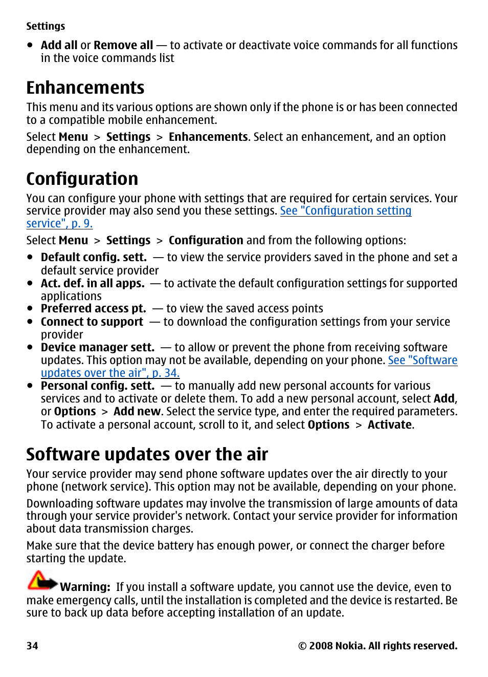 Enhancements, Configuration, Software updates over the air | See "software updates over the air", p. 34, Phone, See "software, Updates over the air", p. 34 | Nokia XPRESSMUSIC 5220 User Manual | Page 34 / 56