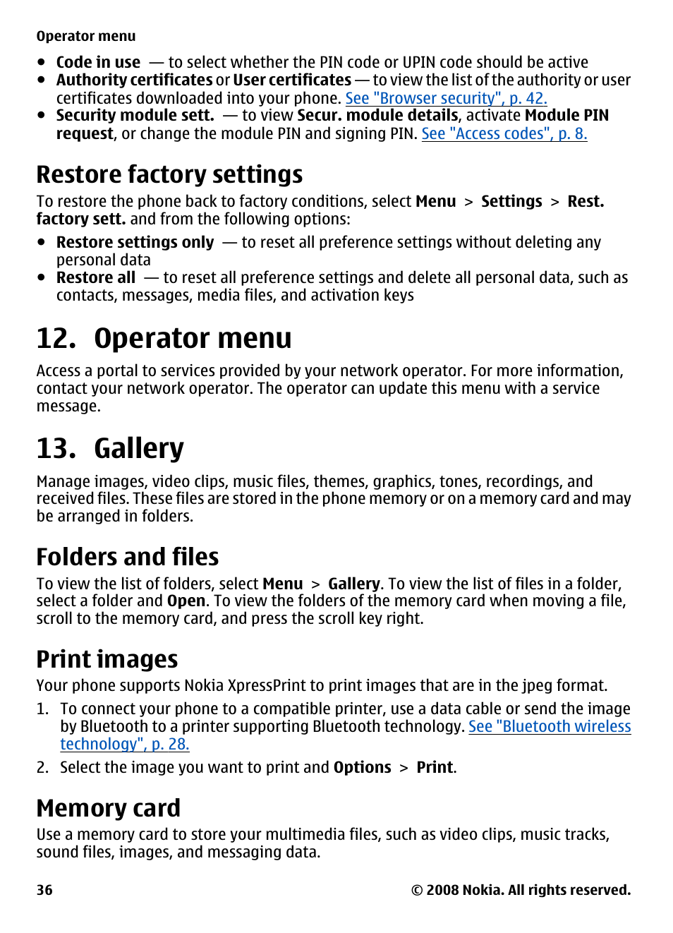 Restore factory settings, Operator menu, Gallery | Folders and files, Print images, Memory card, Operator menu 13. gallery, See "restore factory settings", p. 36 | Nokia XPRESSMUSIC 5220 User Manual | Page 36 / 56