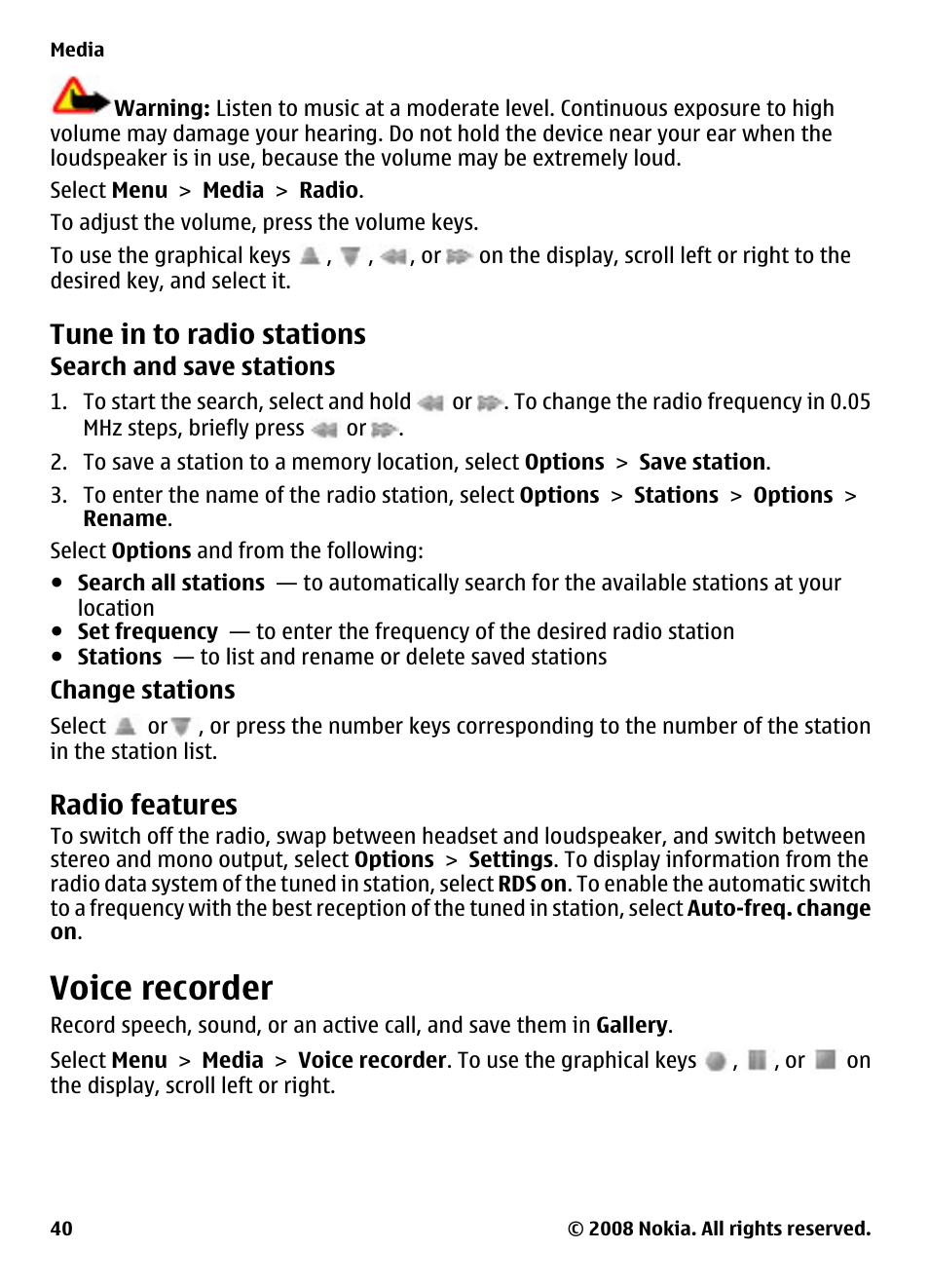 Tune in to radio stations, Radio features, Voice recorder | Nokia XPRESSMUSIC 5220 User Manual | Page 40 / 56