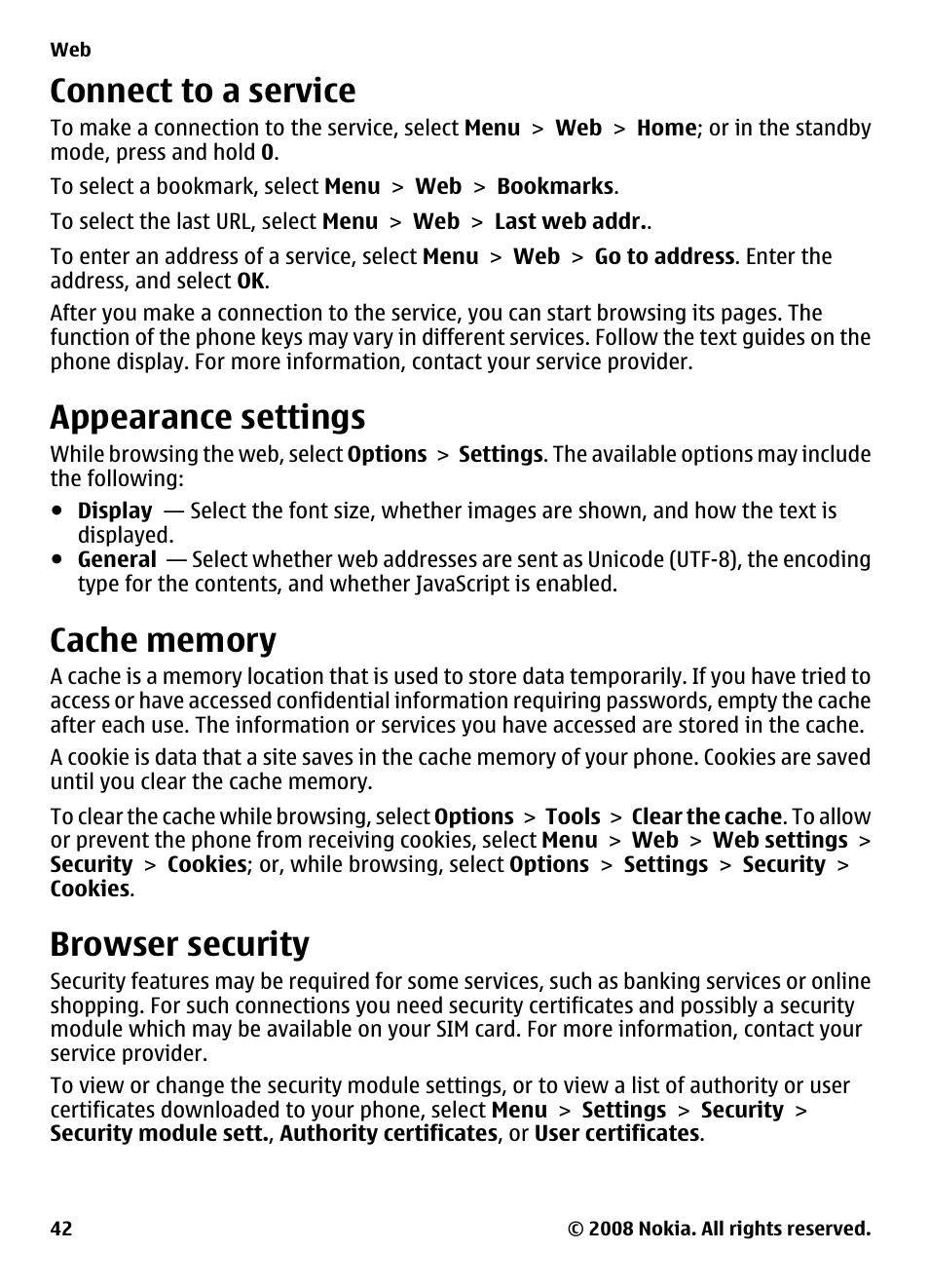 Connect to a service, Appearance settings, Cache memory | Browser security, See "browser security", p. 42 | Nokia XPRESSMUSIC 5220 User Manual | Page 42 / 56