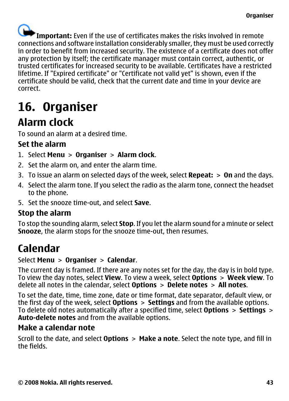Organiser, Alarm clock, Calendar | Nokia XPRESSMUSIC 5220 User Manual | Page 43 / 56